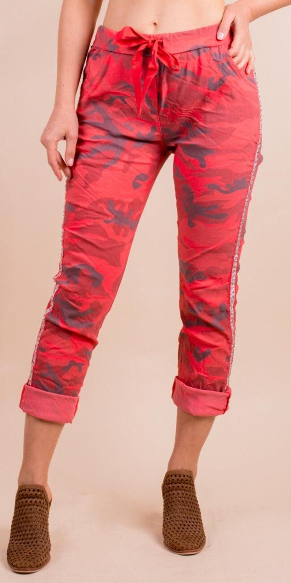 Caterina Camo Pants - Gigi Moda - Made in Italy # camo, cotton, drawstring, drawstring pant, fashion military pants, free shipping, Gigi Moda, Made in Italy, one size, OS, pants, resort, resort wear, shimmer side, Silver Stud, stipes, tie waist