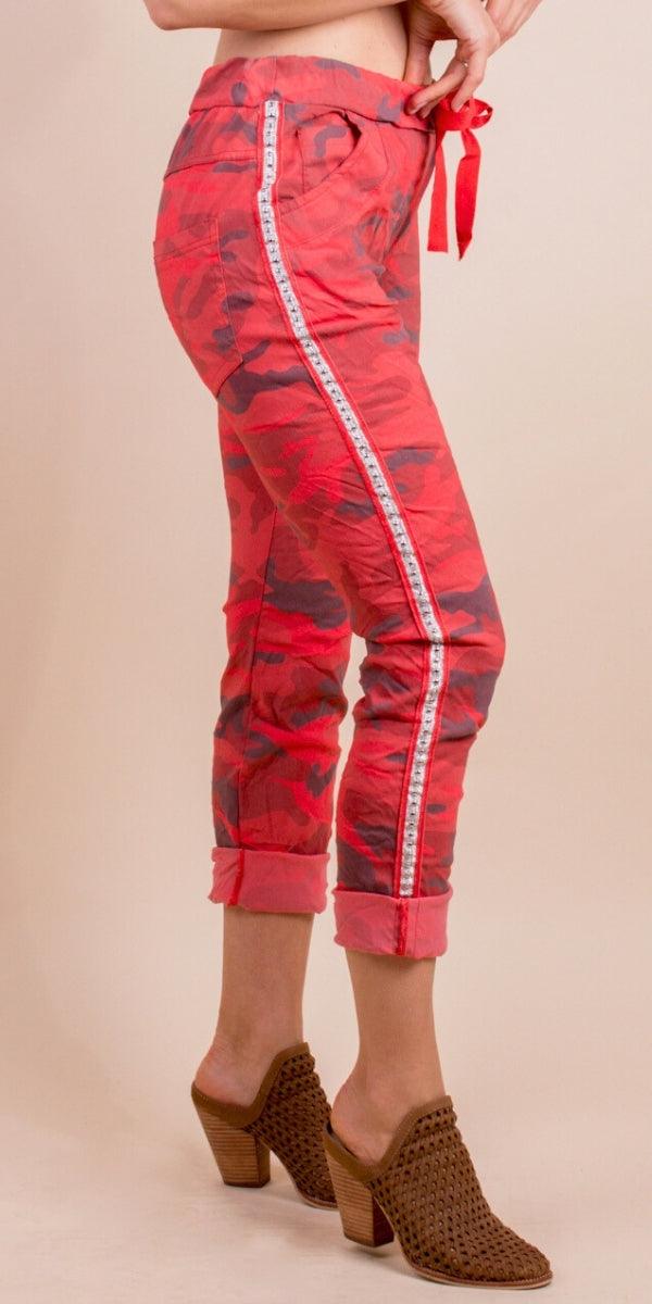 Caterina Camo Pants - Gigi Moda - Made in Italy # camo, cotton, drawstring, drawstring pant, fashion military pants, free shipping, Gigi Moda, Made in Italy, one size, OS, pants, resort, resort wear, shimmer side, Silver Stud, stipes, tie waist