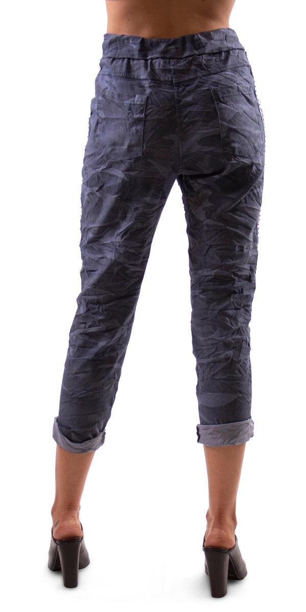 Caterina Camo Pants - Gigi Moda - Made in Italy # camo, cotton, drawstring, drawstring pant, fashion military pants, free shipping, Gigi Moda, Made in Italy, one size, OS, pants, resort, resort wear, shimmer side, Silver Stud, stipes, tie waist