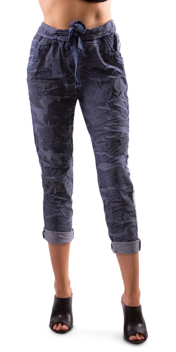 Caterina Camo Pants - Gigi Moda - Made in Italy # camo, cotton, drawstring, drawstring pant, fashion military pants, free shipping, Gigi Moda, Made in Italy, one size, OS, pants, resort, resort wear, shimmer side, Silver Stud, stipes, tie waist