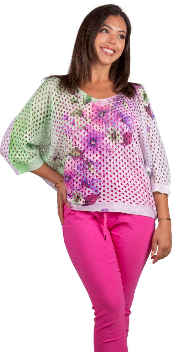 Collete Batwing Knit Top - Gigi Moda - Made in Italy # batwing, Comfortable fit, Cover Up, floral, floral design, floral pattern, Floral Print, Gigi Moda, Knit, knit blouse, knit sweater, made in italy, maxretail, mesh, mesh sweater, Multi Floral Print, short sleeve, Sweater, Womens Clothing, Womens Tops