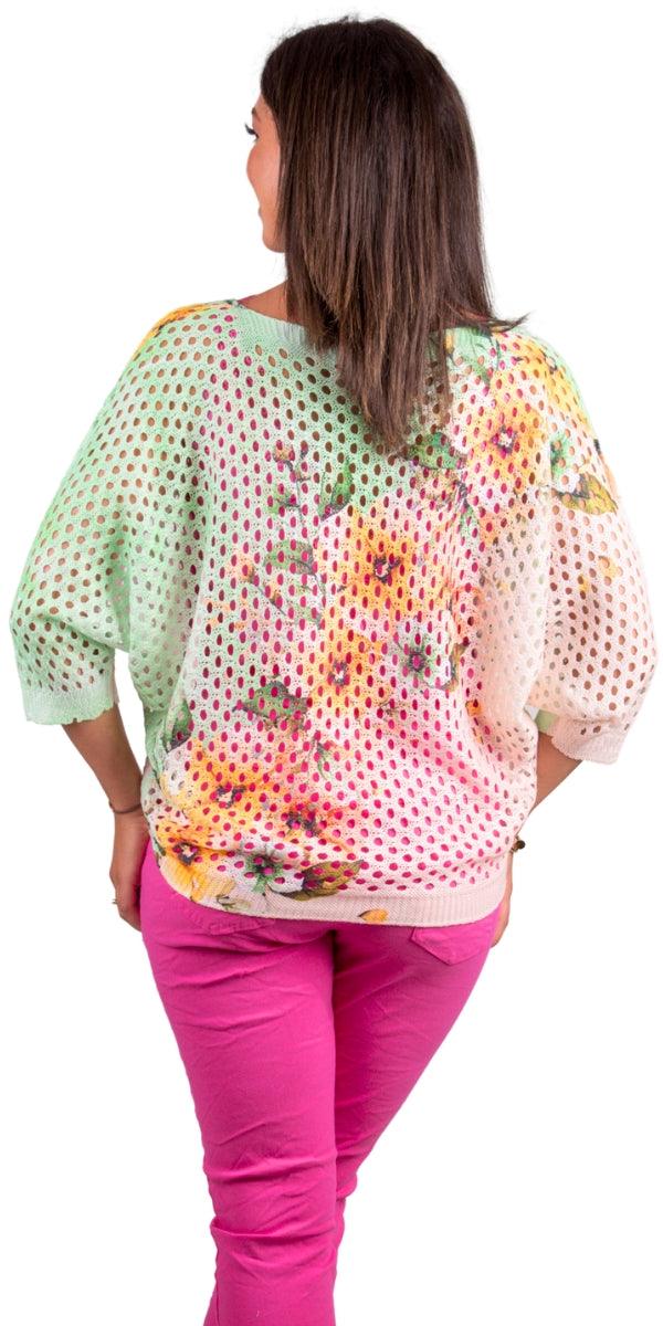Collete Batwing Knit Top - Gigi Moda - Made in Italy # batwing, Comfortable fit, Cover Up, floral, floral design, floral pattern, Floral Print, Gigi Moda, Knit, knit blouse, knit sweater, made in italy, maxretail, mesh, mesh sweater, Multi Floral Print, short sleeve, Sweater, Womens Clothing, Womens Tops