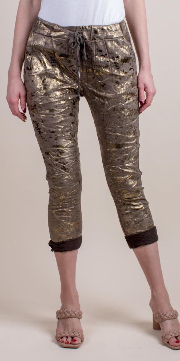 Grazina Tie-Waist Pants - Gigi Moda - Made in Italy # COMFY PANTS, Cropped pants, faux suede, gigi moda, gigi moda. made in italy, Gold, Italian pant, Made in Italy, Metallic, metallic shine, Pants, STRETCHY PANT, Tie waist