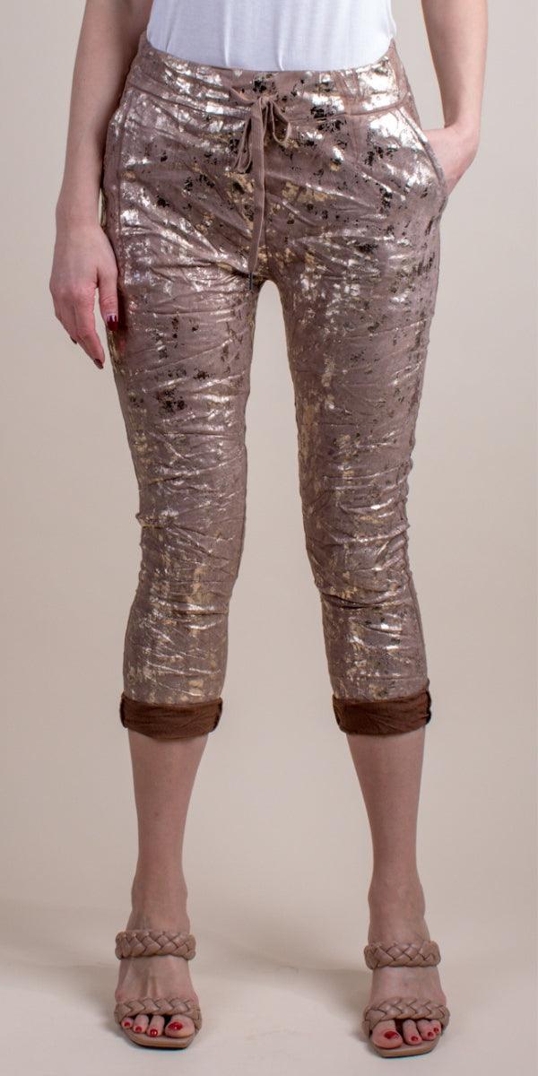 Grazina Tie-Waist Pants - Gigi Moda - Made in Italy # COMFY PANTS, Cropped pants, faux suede, gigi moda, gigi moda. made in italy, Gold, Italian pant, Made in Italy, Metallic, metallic shine, Pants, STRETCHY PANT, Tie waist