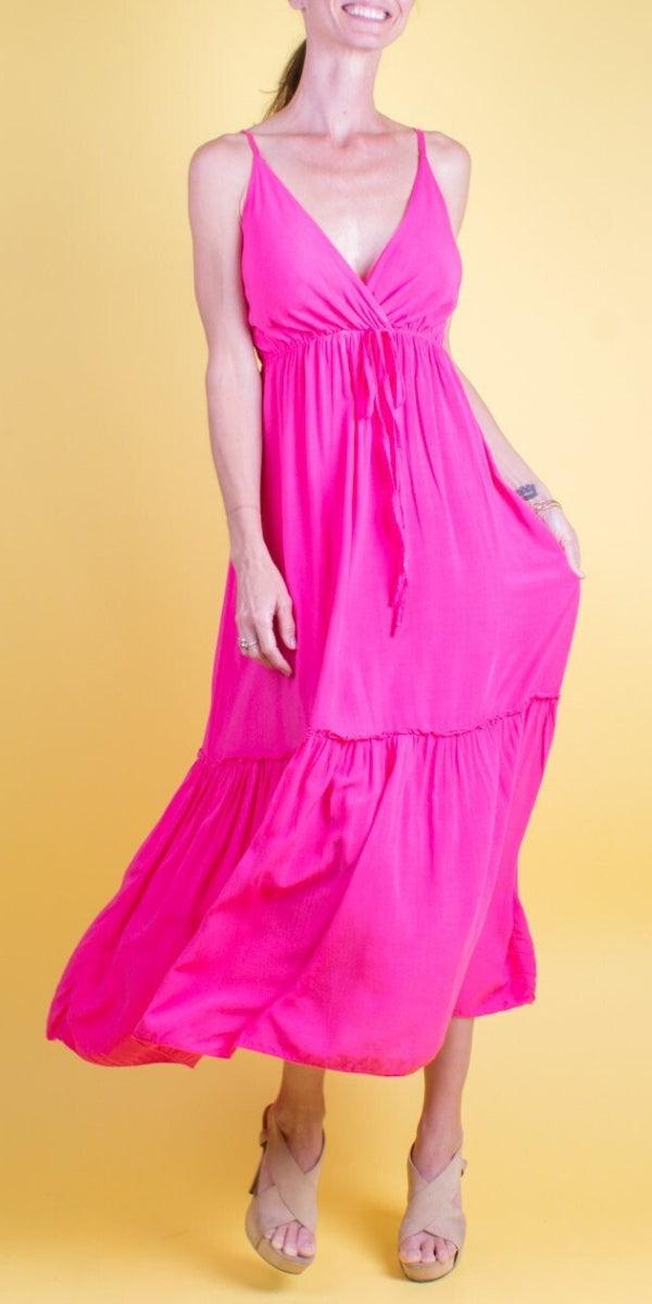 Felice Dress - Gigi Moda - Made in Italy # ADJUSTABLE, adjustable strap, adjustable straps, criss cross, Dress, front tie, Gigi Moda, Made in Italy, Maxi Dress, Spaghetti Strap, spaghetti strap dress, Spaghetti Straps, Tiered, tiered ruffle, V Neck