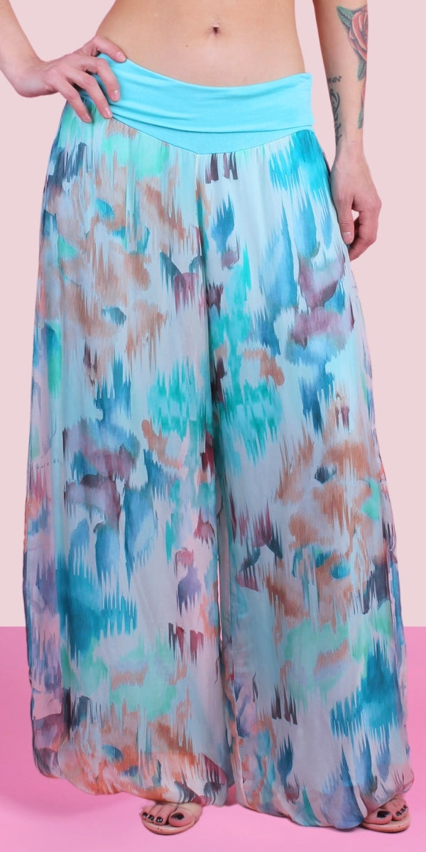 Aspen Artista Pant - Gigi Moda - Made in Italy # Abstract, abstract print, Balloon Hem, balloon pants, elastic waist, Elastic Waist Palazzo, elastic waistband, feminine, floral, flowy, Gigi Moda, Made in Italy, palazzo, resort, resort wear, shop gigi moda, watercolor, Watercolor Print, woman, women clothes
