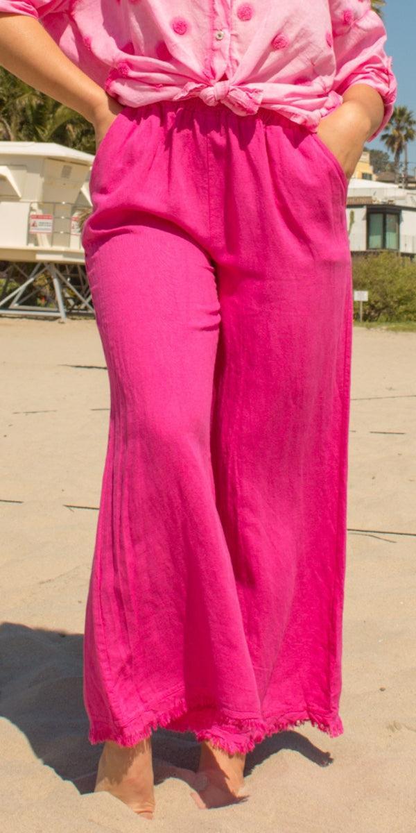 Ilaria Linen Pants - Gigi Moda - Made in Italy # 100% Linen, bottoms, elastic waistband, Frayed Edge, Gigi Moda, Linen, linen pants, Made in Italy, Pants, resort, resort wear, spring, stretch waistband, summer, washable