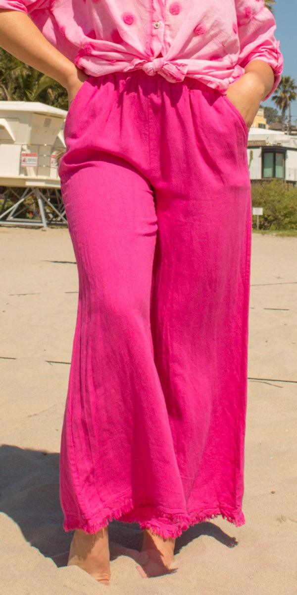 Ilaria Linen Pants - Gigi Moda - Made in Italy # 100% Linen, bottoms, elastic waistband, Frayed Edge, Gigi Moda, Linen, linen pants, Made in Italy, Pants, resort, resort wear, spring, stretch waistband, summer, washable