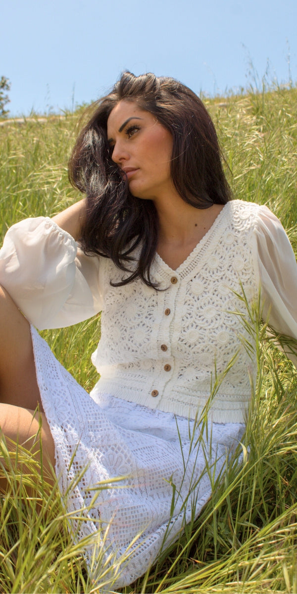 La Grazia Crochet Cardigan - Gigi Moda - Made in Italy # bohemian, button down, Cardigan, Cotton, Crochet, crochet top, Crop Top, Gigi Moda, Knit Cardigan, Long Sleeve, Made in Italy, one size, sheer sleeves, Top