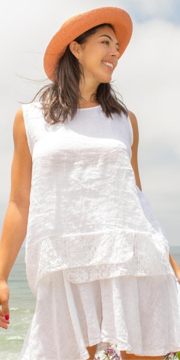 Merletto Linen Top - Gigi Moda - Made in Italy # 100% Linen, Gigi Moda, lace, Lace Top, Linen, linen tank, Made in Italy, one size, OS, resort wear, Sleeveless, spring, summer, Tank Top, Top