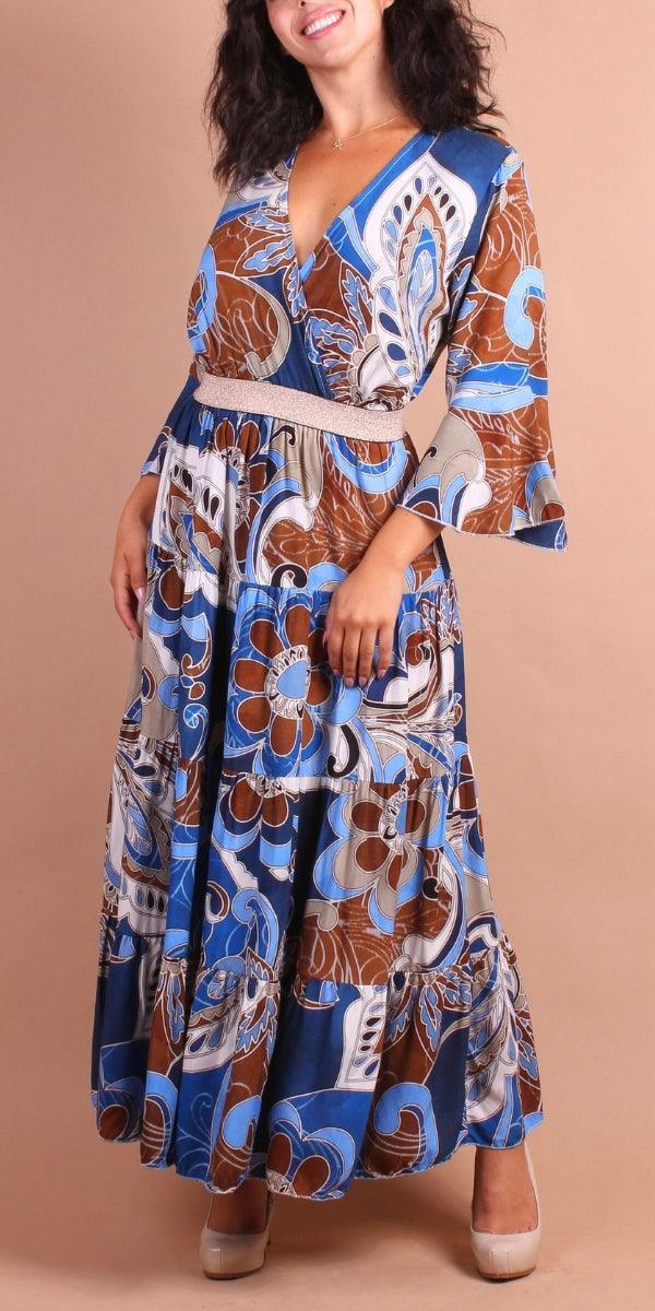 Brio Maxi Dress - Gigi Moda - Made in Italy # Dress, gigi moda, long dress, Made in Italy, Maxi, paisley, paisley print, resort wear, ruffled hem, tiered ruffle, TIERED RUFFLED DRESS, v neck