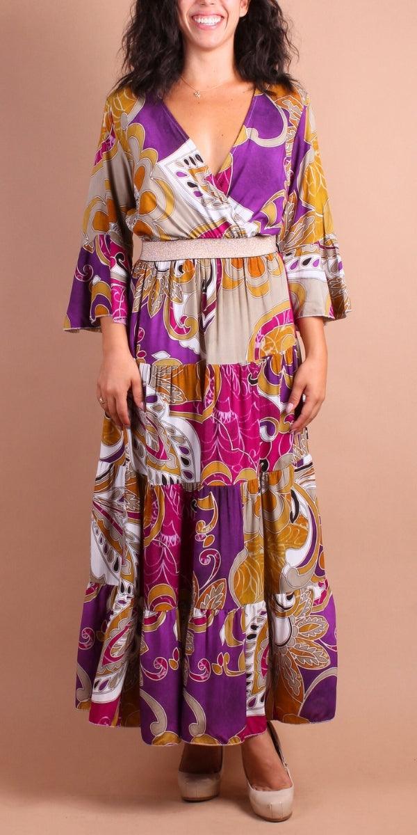 Brio Maxi Dress - Gigi Moda - Made in Italy # Dress, gigi moda, long dress, Made in Italy, Maxi, paisley, paisley print, resort wear, ruffled hem, tiered ruffle, TIERED RUFFLED DRESS, v neck