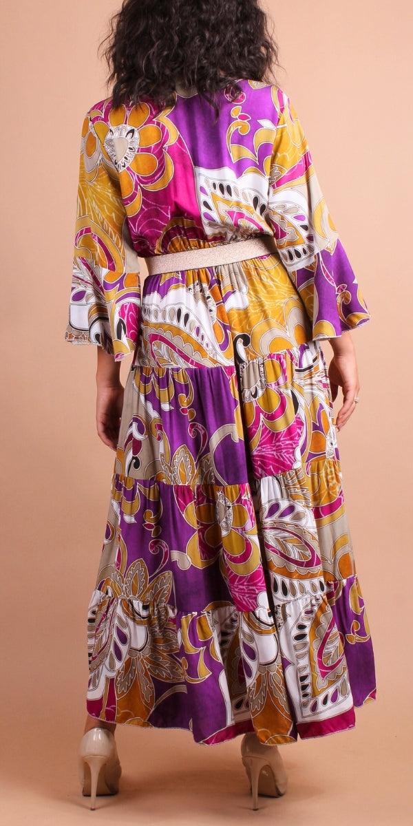 Brio Maxi Dress - Gigi Moda - Made in Italy # Dress, gigi moda, long dress, Made in Italy, Maxi, paisley, paisley print, resort wear, ruffled hem, tiered ruffle, TIERED RUFFLED DRESS, v neck