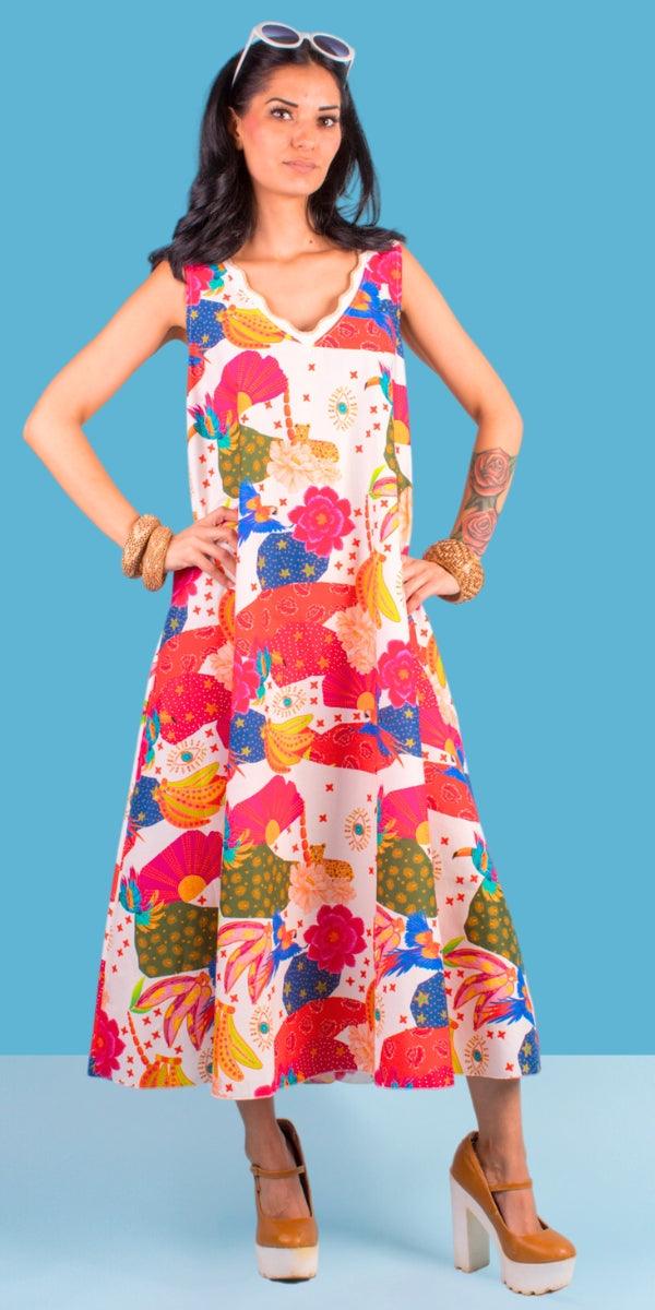 La Caraibica Dress - Gigi Moda - Made in Italy # Dress, floral, gigi moda, long dress, Made in Italy, Maxi, resort wear, scalloped neckline, tropical, tropical print, v neck