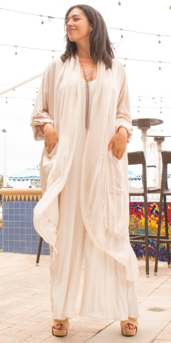 Prato Cardigan - Gigi Moda - Made in Italy # Cardigan, front pockets, Gigi Moda, italian top, Jacket, long cardigan, Made in Italy, one size, OS, Pockets, resort wear, Ruffle, ruffles, Silk, Sleeves