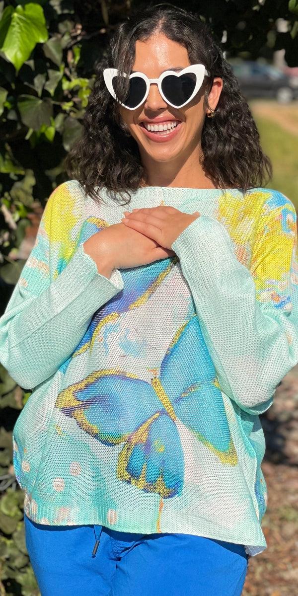 Daria Batwing Sweater with Butterfly Print - Gigi Moda - Made in Italy # batwing, Blouse, Butterfly, butterfly print, comfortable, comfortable fit, Cozy, Gigi Moda, Italian Clothing, italian top, Long Sleeve, Made in Italy, one size, Sleeves, Sweater, Top, washable, womens clothing, Womens Tops