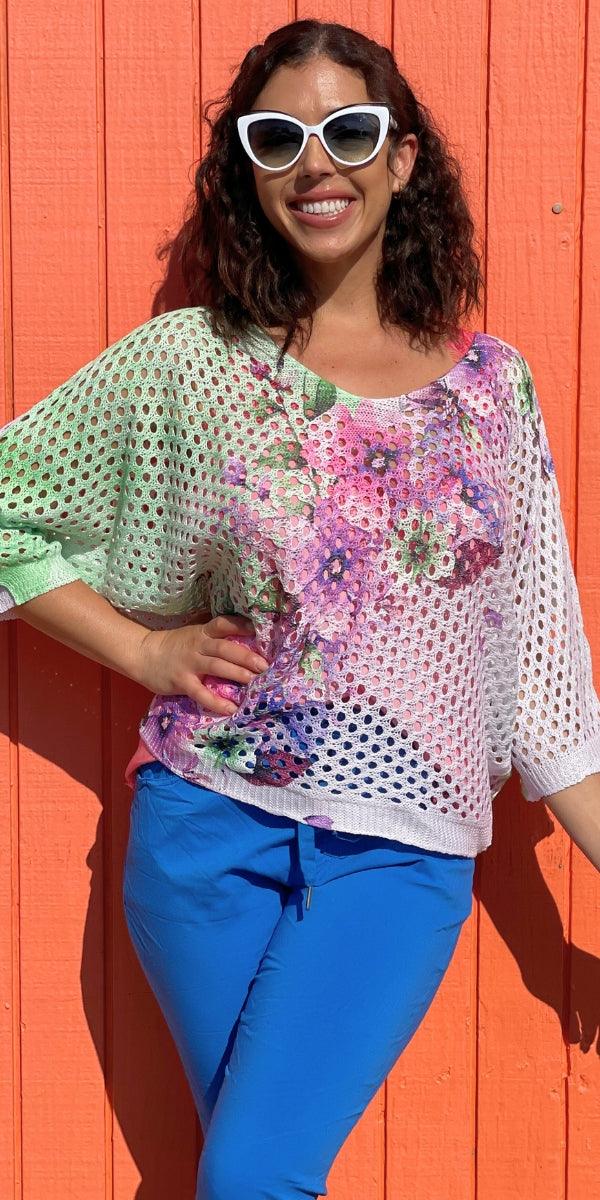 Collete Batwing Knit Top - Gigi Moda - Made in Italy # batwing, Comfortable fit, Cover Up, floral, floral design, floral pattern, Floral Print, Gigi Moda, Knit, knit blouse, knit sweater, made in italy, maxretail, mesh, mesh sweater, Multi Floral Print, short sleeve, Sweater, Womens Clothing, Womens Tops