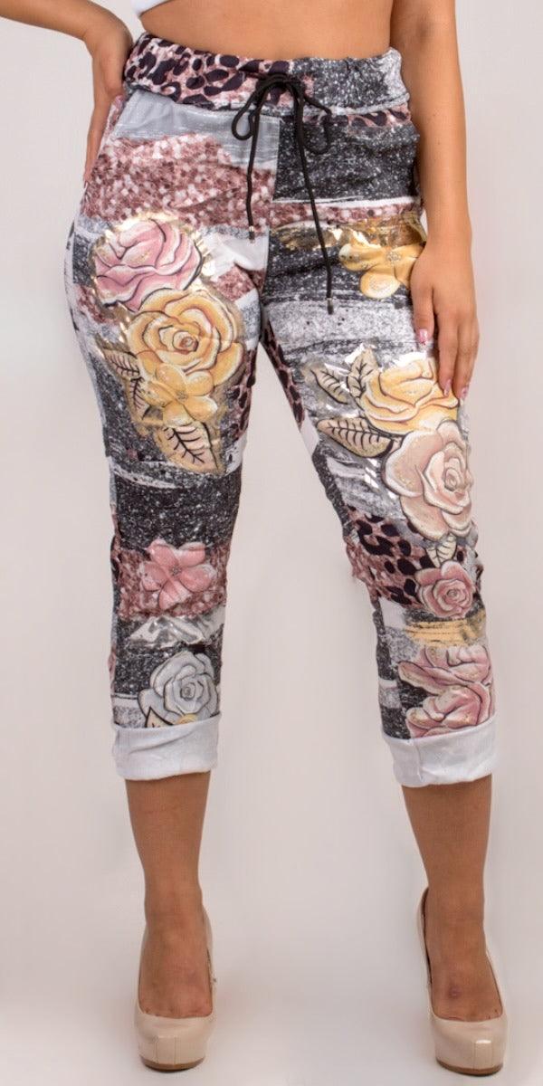 Geniviv Rose Print Pant - Shop Gigi Moda - Made in Italy # animal print, cuffed pant, drawstring, drawstring pant, drawstring pants, floral, floral design, Floral Print, Gigi Moda, Made in Italy, one size, OS, Pants