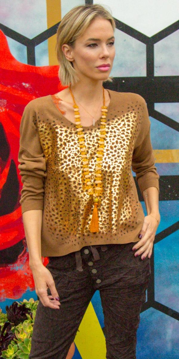 Idalia Sweater - Gigi Moda - Made in Italy # animal print, casual sweater, comforatable fit, Gigi Moda, golden flecks, heart, Italian Sweater, made in italy, shop gigi moda, Sweater, V Neck, womans clothing