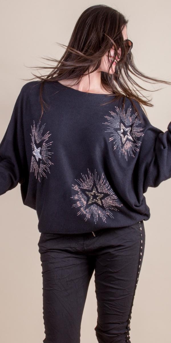 Fonda Batwing Sweater - Gigi Moda - Made in Italy # batwing, Gigi Moda, Knit, knit sweater, Made in Italy, Metallic, OS, rhinestone, Round Neck, star, Star Design, Sweater