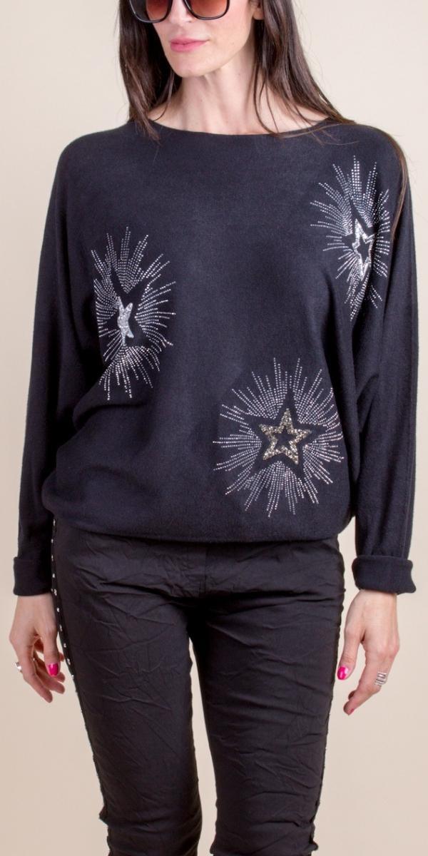 Fonda Batwing Sweater - Gigi Moda - Made in Italy # batwing, Gigi Moda, Knit, knit sweater, Made in Italy, Metallic, OS, rhinestone, Round Neck, star, Star Design, Sweater