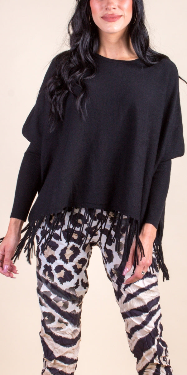 Batwing Fringe Sweater - Gigi Moda - Made in Italy # batwing, Fringe, Gigi Moda, Knit, knit sweater, Made in Italy, OS, Round Neck, Sweater