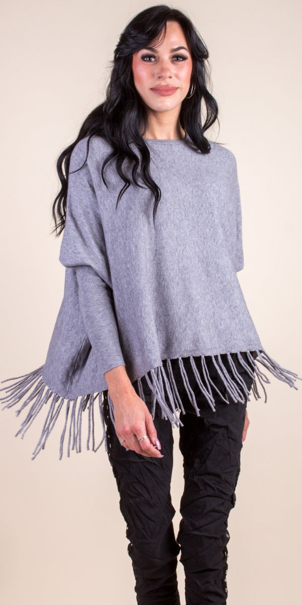 Batwing Fringe Sweater - Gigi Moda - Made in Italy # batwing, Fringe, Gigi Moda, Knit, knit sweater, Made in Italy, OS, Round Neck, Sweater