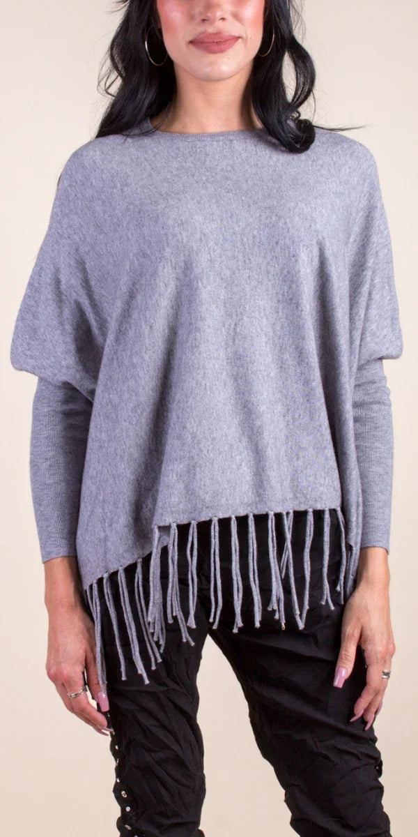 Batwing Fringe Sweater - Gigi Moda - Made in Italy # batwing, Fringe, Gigi Moda, Knit, knit sweater, Made in Italy, OS, Round Neck, Sweater