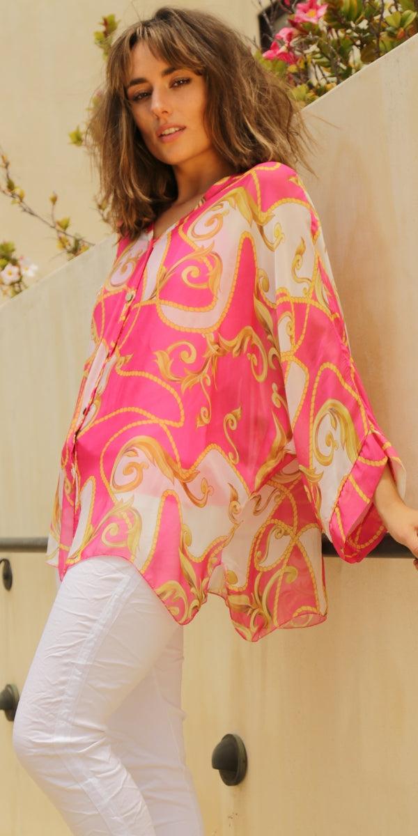 Angelo Baroque Silk Blouse - Gigi Moda - Made in Italy # 100% Silk, 2 piece, baroque, Blouse, button down, button up, comforatable fit, Dolman sleeve, dolman sleeves, italian silk top, made in italy, silk blouse, Silk top, Tops, womans clothing