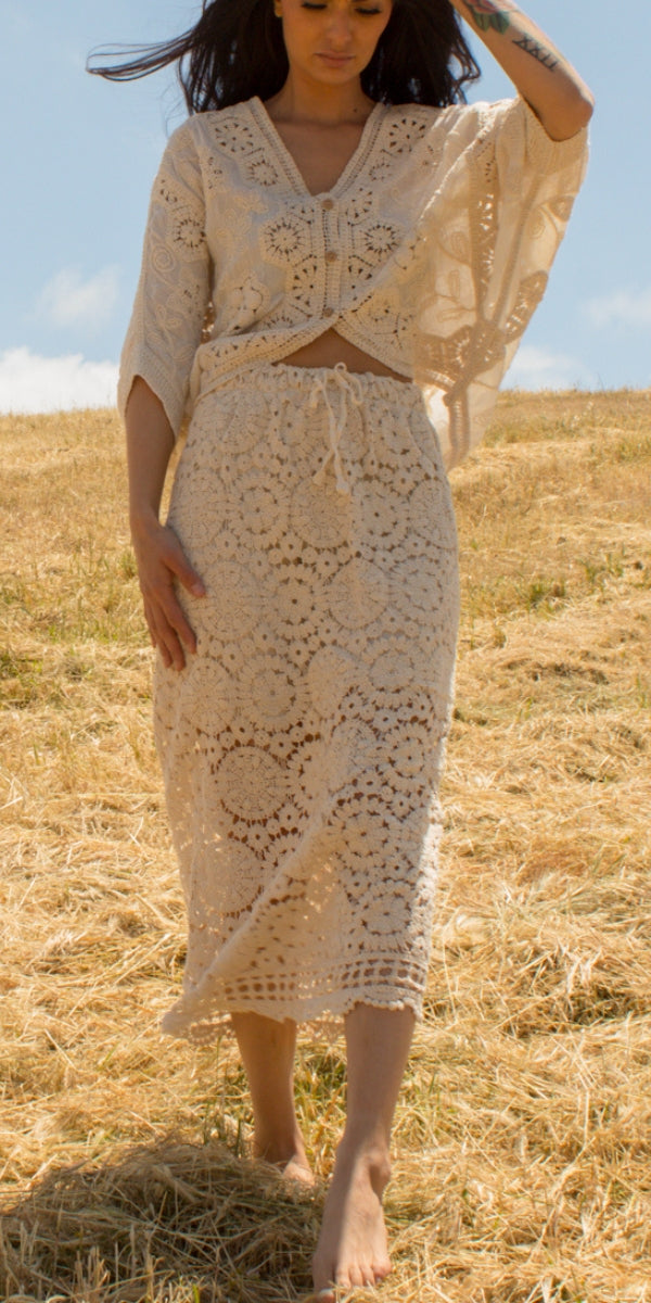 Venice Crochet Skirt - Gigi Moda - Made in Italy # Crochet, crochet skirt, elastic waistband, gigi moda, Made in Italy, midi skirt, skirt, Tie waist