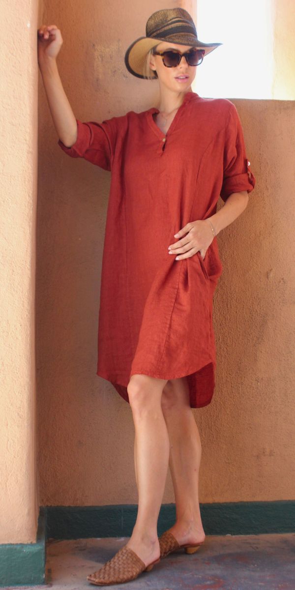 Mandarin Collar Linen Dress