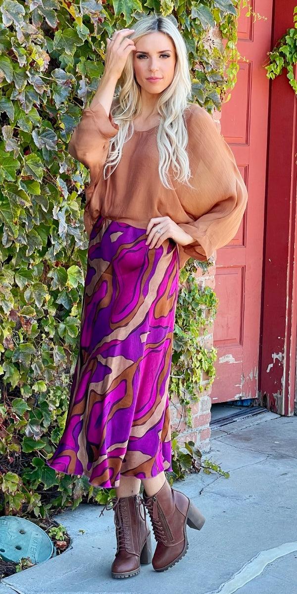 La Onda Skirt - Gigi Moda - Made in Italy # abstract print, elastic waistband, gigi moda, Made in Italy, mid length, pencil skirt, Satin, skirt