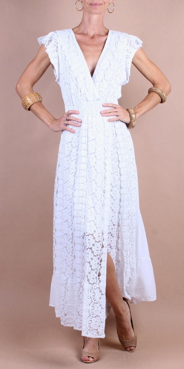 Elena Dress - Gigi Moda - Made in Italy # Cap Sleeve, crossover, Dress, Embroidered, Gigi Moda, lace, lace dress, Made in Italy, Maxi Dress, OS, ruffled hem, V Neck