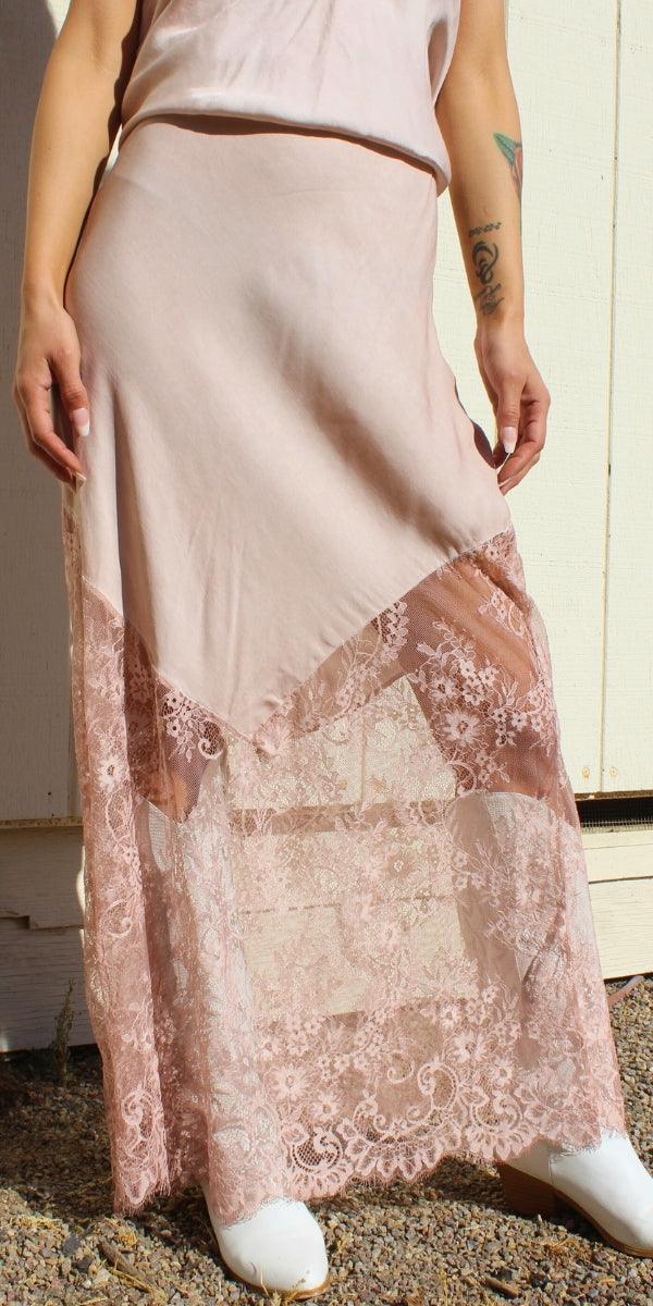 Coqueta Skirt - Gigi Moda - Made in Italy # elastic waistband, gigi moda, lace, Made in Italy, Maxi Skirt, Satin, skirt