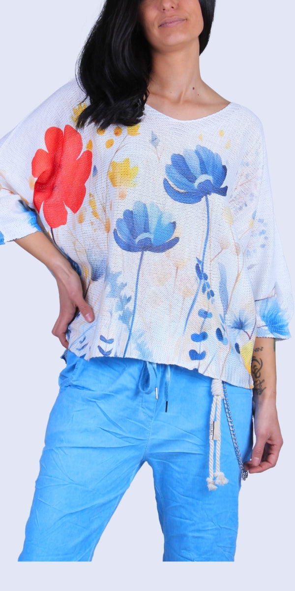 Camomilla Batwing Sweater - Gigi Moda - Made in Italy # batwing, Comfortable fit, Cover Up, floral, floral design, Floral Print, Gigi Moda, Knit, knit blouse, knit sweater, made in italy, mesh, mesh sweater, Sweater, Womens Clothing, Womens Tops