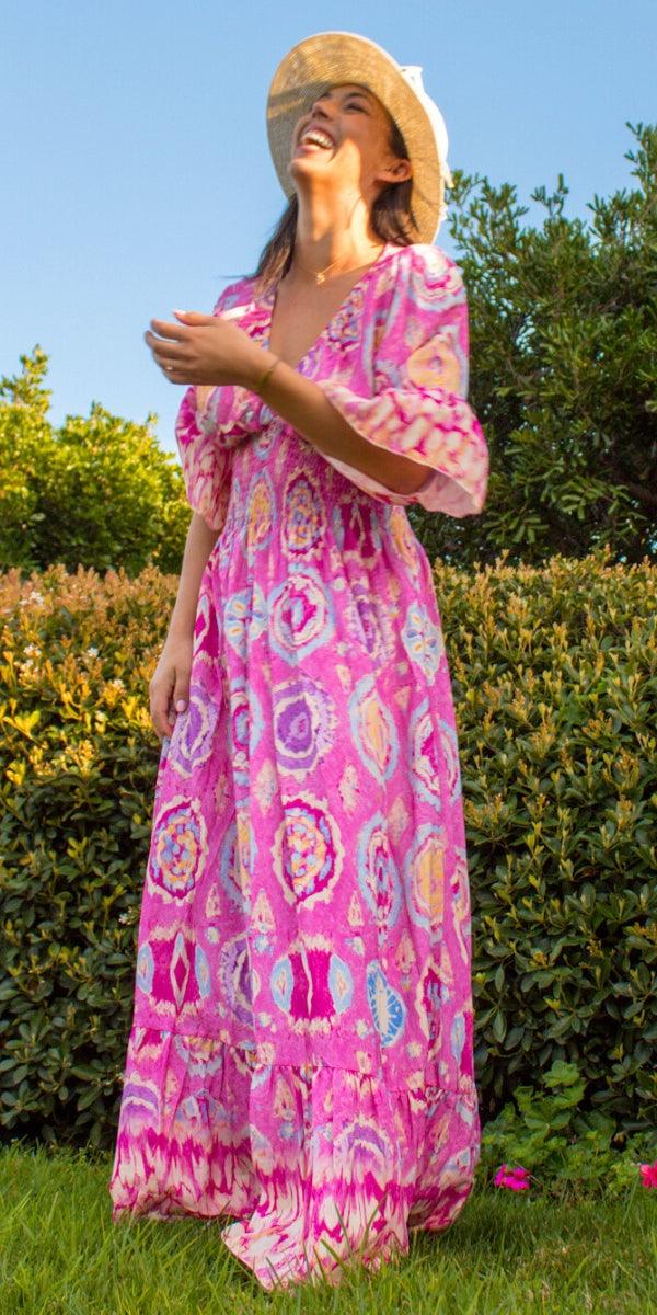 Imperia Ikat Dress - Gigi Moda - Made in Italy # Dress, Gigi Moda, ikat print, Made in Italy, Maxi Dress, ruched, ruffles, RUFFLES DRESS