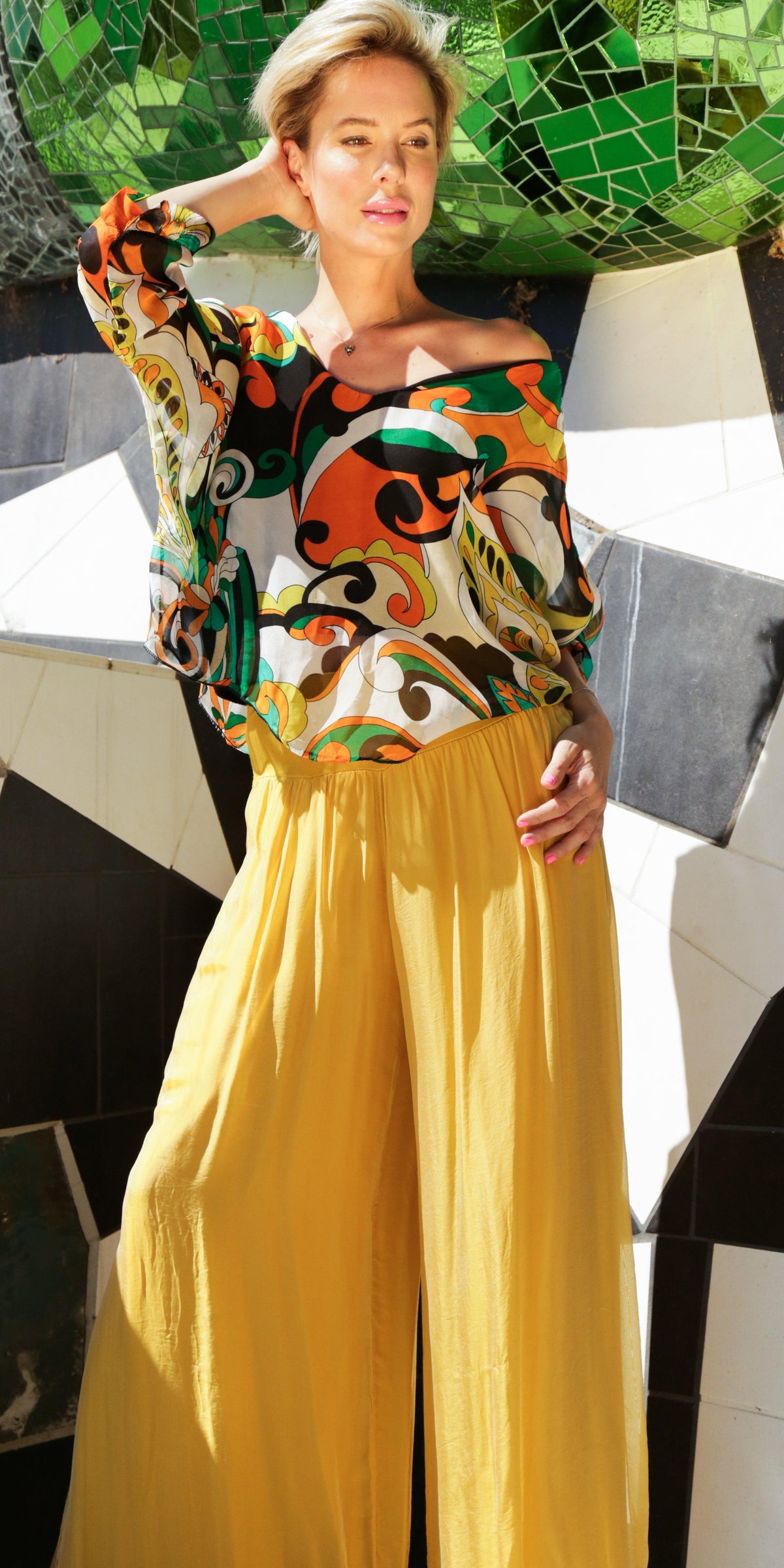 Groovy Print Isabetta Top - Gigi Moda - Made in Italy # Abstract, abstract print, Crop Top, Dolman sleeve, Gigi Moda, groovy, italian clothing, Made in Italy, silk, silk blouse, womens clothing, womens tops