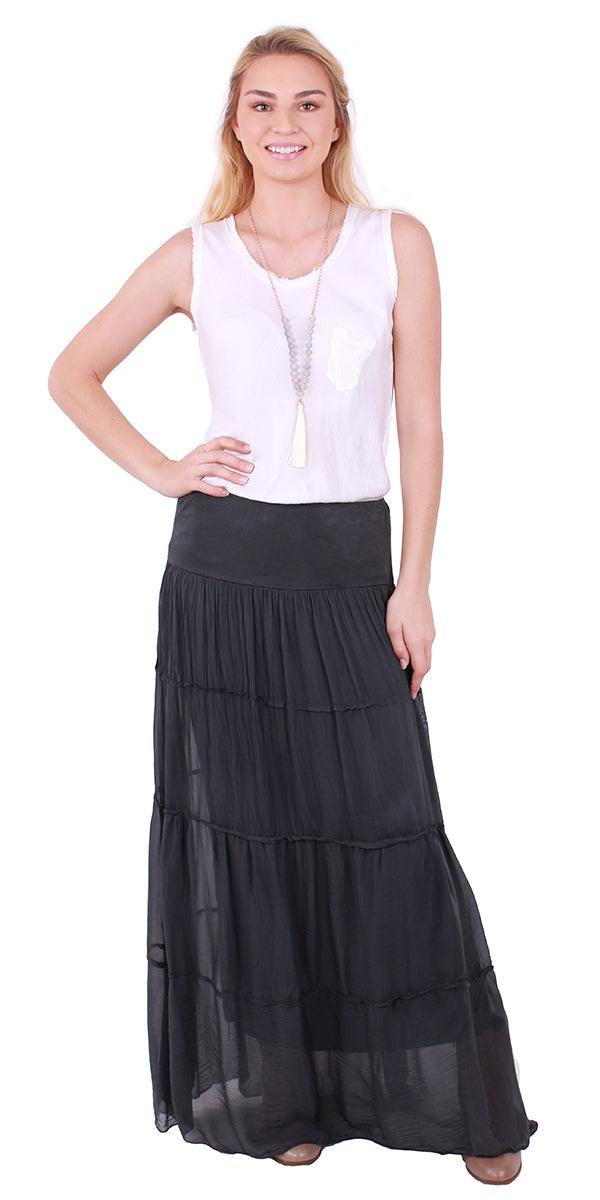 Solima Long Tiered Skirt - Gigi Moda - Made in Italy # 100% Silk, fall, free shipping, Gigi Moda, italian maxi dress, Made in Italy, Maxi, maxi length, Maxi Skirt, one size, OS, resort wear, Silk, summer, washable