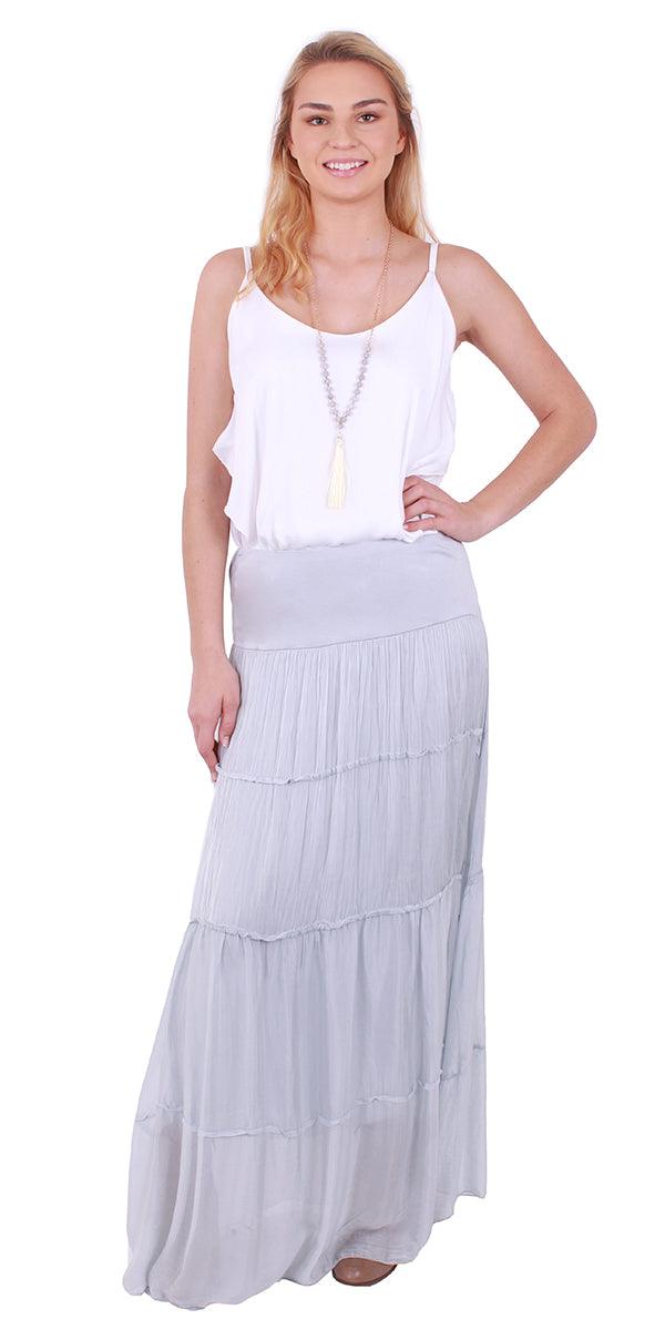 Solima Long Tiered Skirt - Gigi Moda - Made in Italy # 100% Silk, fall, free shipping, Gigi Moda, italian maxi dress, Made in Italy, Maxi, maxi length, Maxi Skirt, one size, OS, resort wear, Silk, summer, washable