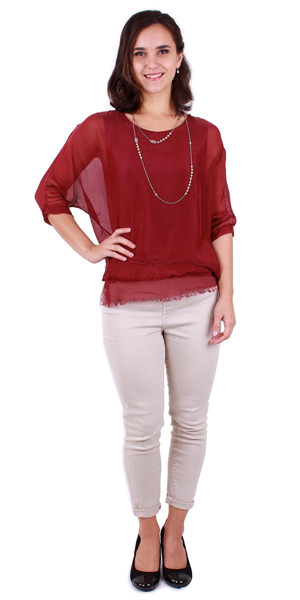 Carmelina Silk Kaftan - Gigi Moda - Made in Italy # 100% silk, BLACK, Burgundy, california boutique, carlsbad, Frayed Edge, free shipping, Gigi Moda, gray, hot pink, italian blouse, Italian Clothing, italian fashion, italian outfit, italian silk, Kaftan, lime, made in Italy, navy, olive, online shopping, pink, raw edge, white