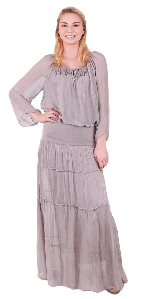 Solima Long Tiered Skirt - Gigi Moda - Made in Italy # 100% Silk, fall, free shipping, Gigi Moda, italian maxi dress, Made in Italy, Maxi, maxi length, Maxi Skirt, one size, OS, resort wear, Silk, summer, washable