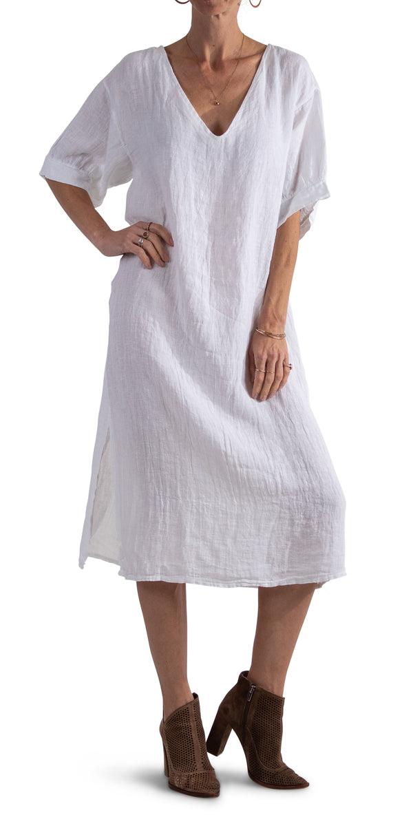Matera Linen Dress - Gigi Moda - Made in Italy # 100% Linen, Dress, free shipping, Gigi Moda, Linen, Made in Italy, one size, OS, resort, resort wear, short sleeve dress, side slit, spring, summer, v-neck