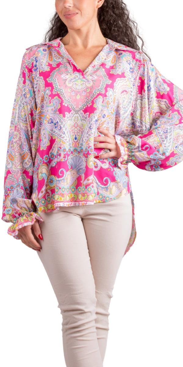 Phebe Blouse - Gigi Moda - Made in Italy # balloon sleeve, Blouse, Collared, collared shirt, flower print, Gigi Moda, Made in Italy, maxretail, paisley, shirt, Sleeves, V Neck