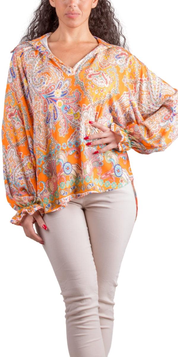 Phebe Blouse - Gigi Moda - Made in Italy # balloon sleeve, Blouse, Collared, collared shirt, flower print, Gigi Moda, Made in Italy, maxretail, paisley, shirt, Sleeves, V Neck