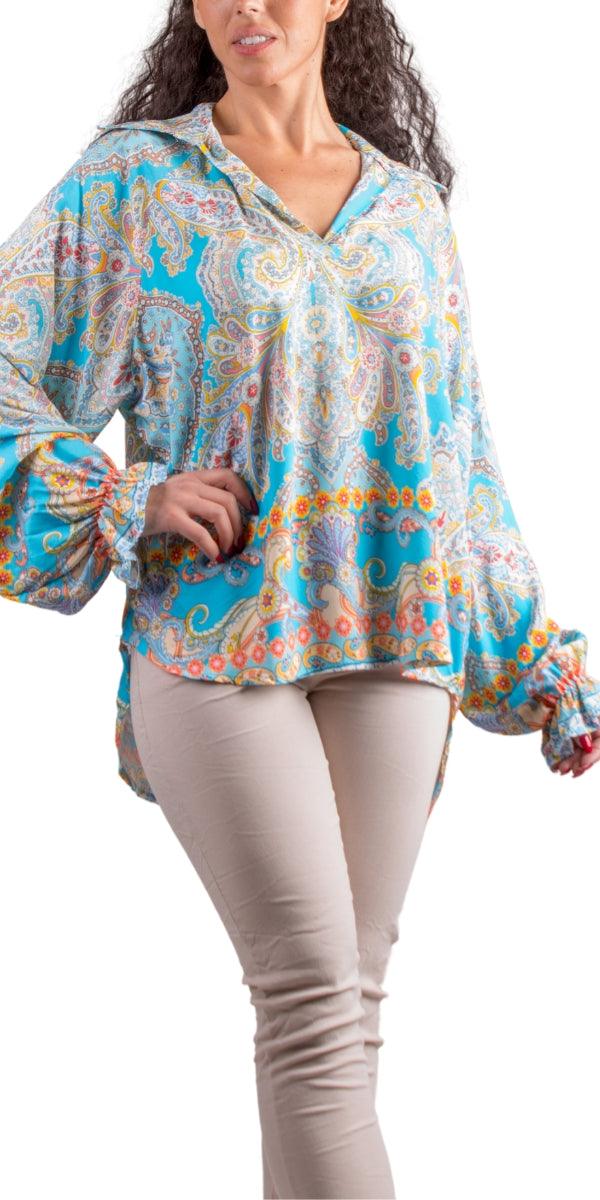Phebe Blouse - Gigi Moda - Made in Italy # balloon sleeve, Blouse, Collared, collared shirt, flower print, Gigi Moda, Made in Italy, maxretail, paisley, shirt, Sleeves, V Neck
