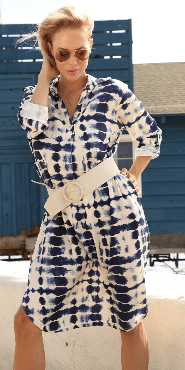 Tie-Dye Tunic Dress - Gigi Moda - Made in Italy # collar, Collared, collared dress, Dress, gigi moda, Made in Italy, resort wear, Rolled Sleeves, Tie Dye, tunic, V-Neck, V-Neck dress