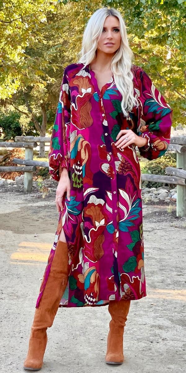 Boemo Maxi Dress - Gigi Moda - Made in Italy # balloon sleeve, Boheme, bohemian, boho, button-down, Dress, made in italy, Maxi, Maxi Dress, maxi length, one size, viscose