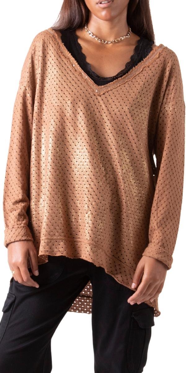 Il Foro Top - Gigi Moda - Made in Italy # Blouse, comforatable fit, Gigi Moda, gigi moda. made in italy, Italian Sweater, Long Sleeve, long sleeves, made in italy, mesh sweater, perforated, Sequins, shop gigi moda, Tops, V Neck, womans clothing