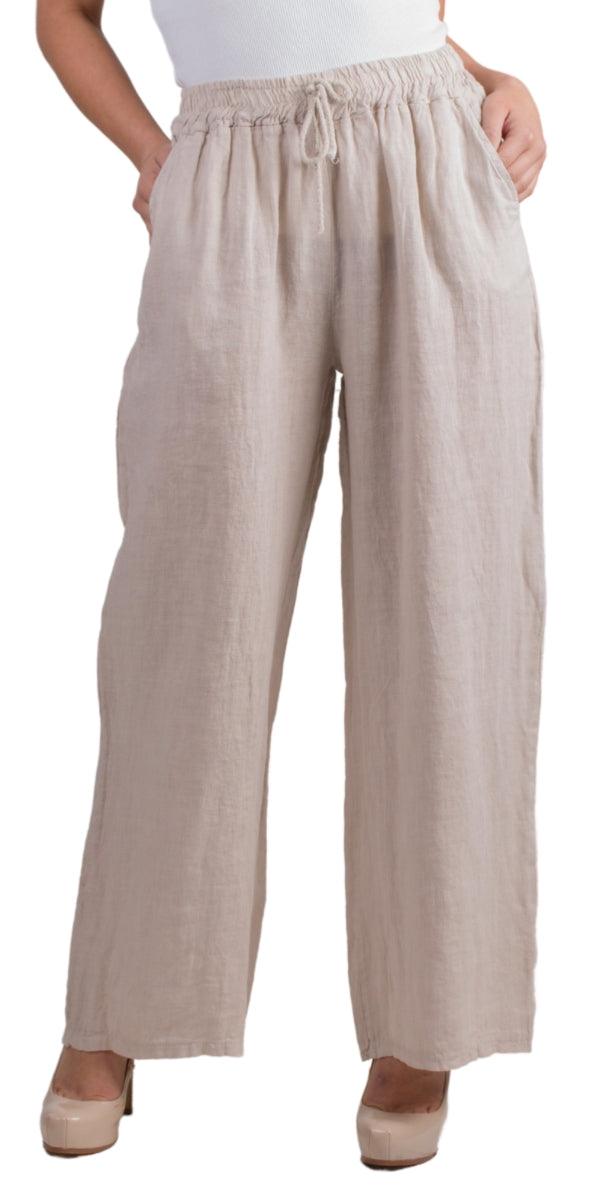 Delfina Linen Pants - Gigi Moda - Made in Italy # 100% Linen, bottoms, elastic waistband, Gigi Moda, Linen, linen pants, Made in Italy, OS, Pants, Pockets, resort, resort wear, spring, stretch waistband, summer, WIDE LEG