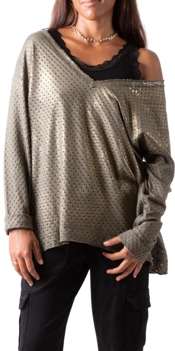 Il Foro Top - Gigi Moda - Made in Italy # Blouse, comforatable fit, Gigi Moda, gigi moda. made in italy, Italian Sweater, Long Sleeve, long sleeves, made in italy, mesh sweater, perforated, Sequins, shop gigi moda, Tops, V Neck, womans clothing